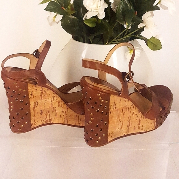 🔻Y2K Paolo Corelli🔥🍂Brown Platform Studded Pierced Leather-Cork Wedge Sandals - Picture 2 of 3